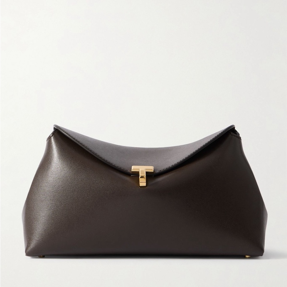 Toteme T Lock Clutch Shoulder Bag with Strap in Dark Brown Leather and Gold